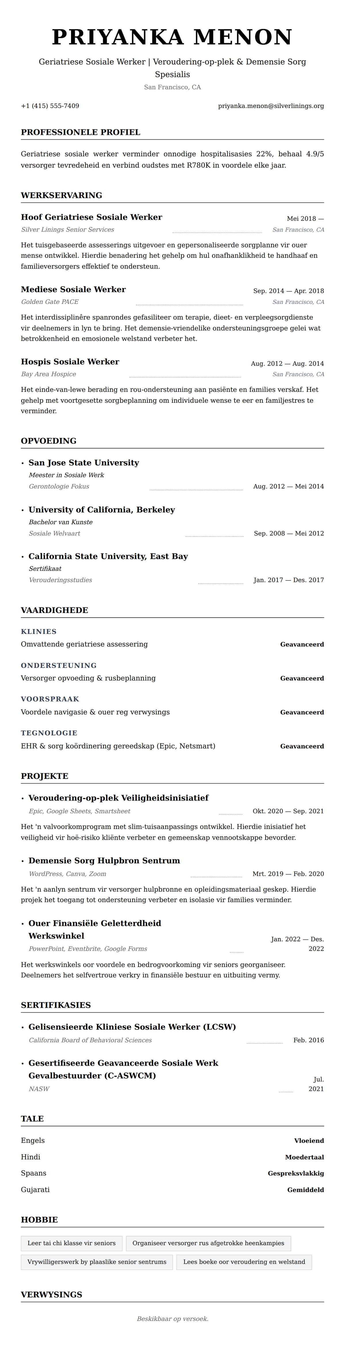 Leweensbeskrywing-vooruitskouk vir Geriatriese Sosiale Werker CV Voorbeeld
