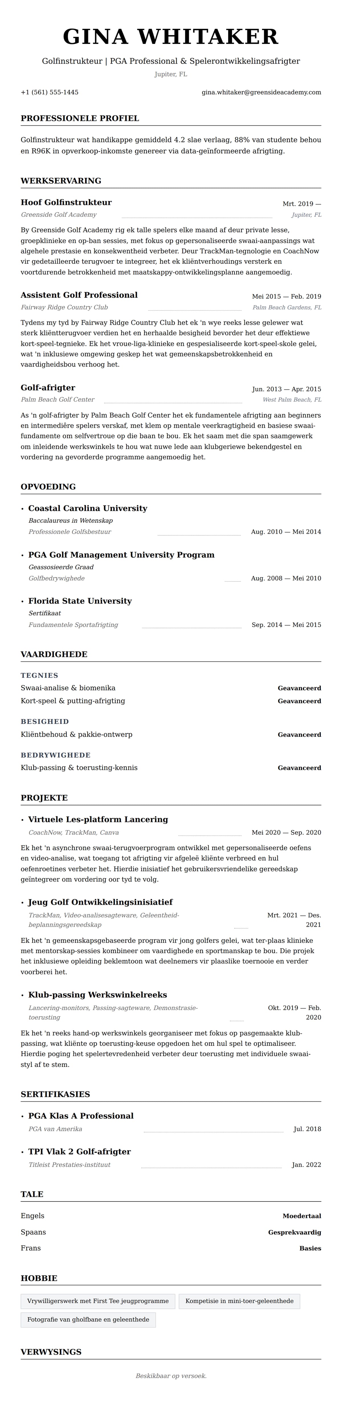 Leweensbeskrywing-vooruitskouk vir Golfinstrukteur CV Voorbeeld