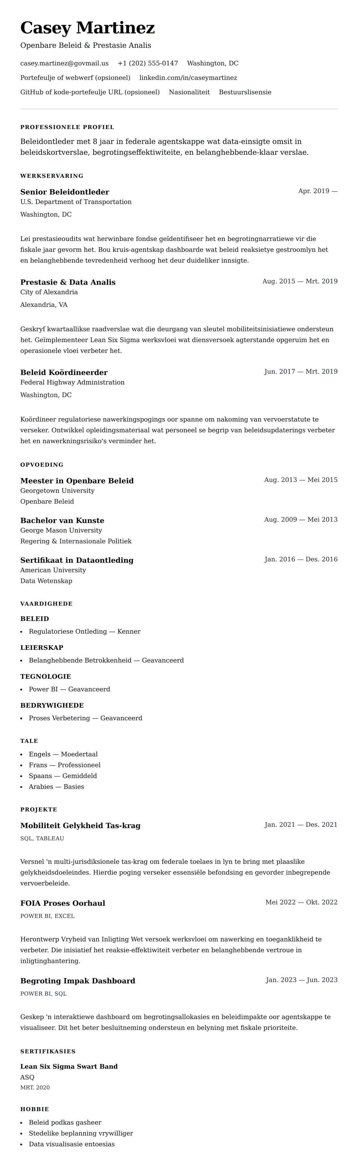 Leweensbeskrywing-vooruitskouk vir Regeringsanalis Lewensloop Voorbeeld