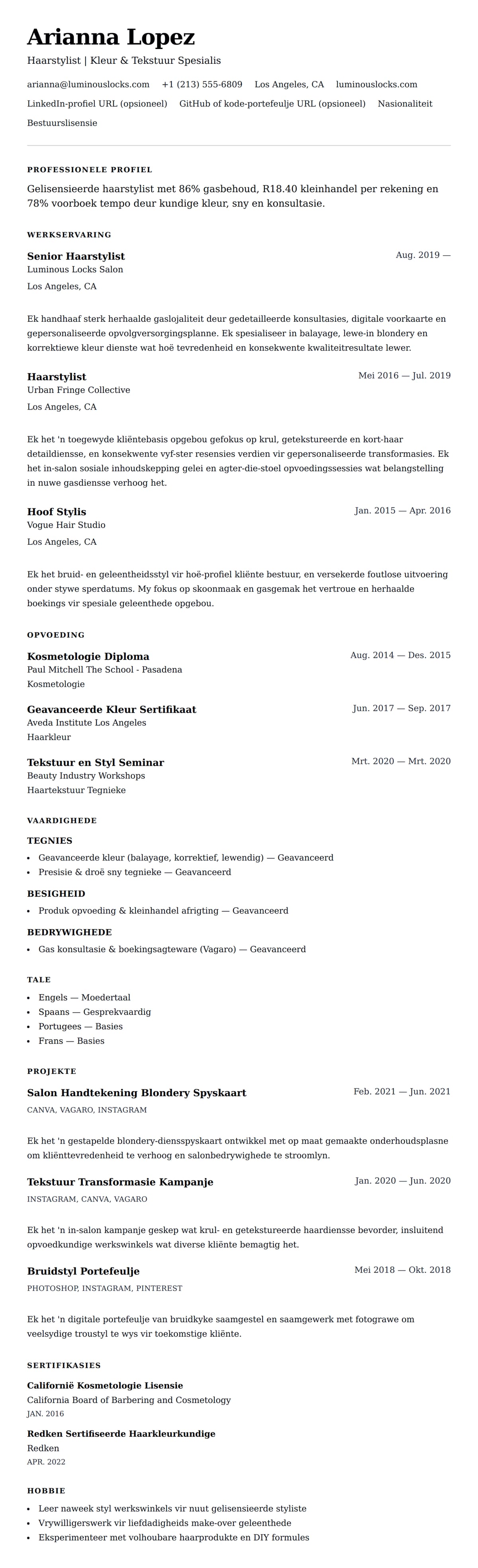 Leweensbeskrywing-vooruitskouk vir Haarstylist Lewensloop Voorbeeld