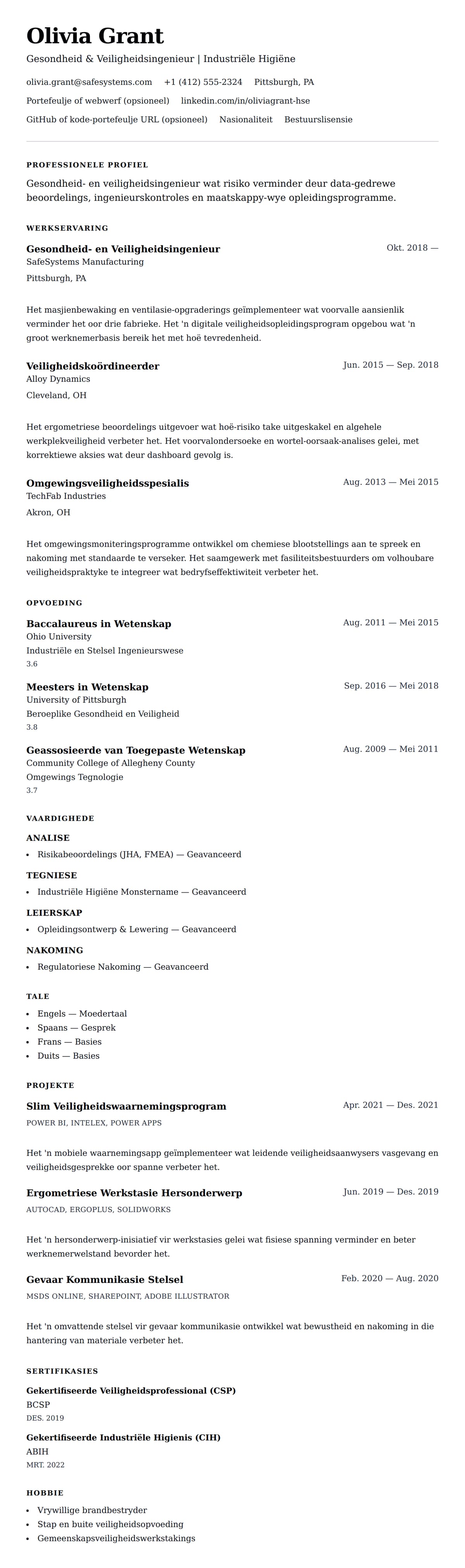 Leweensbeskrywing-vooruitskouk vir Gesondheid- en Veiligheidsingenieur Lewensloop Voorbeeld