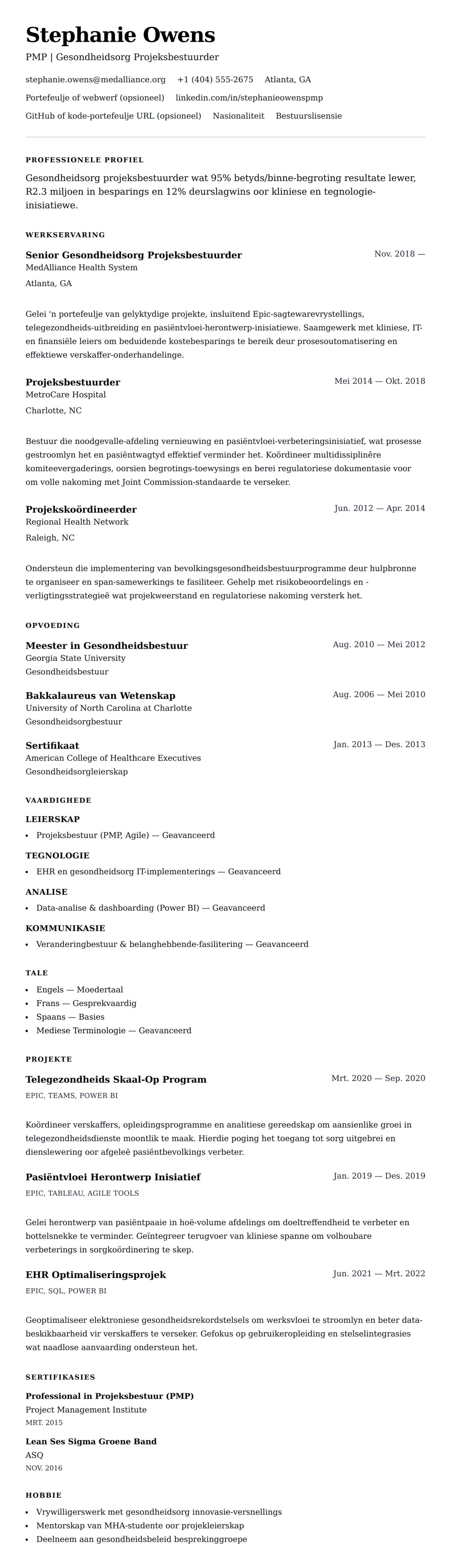 Leweensbeskrywing-vooruitskouk vir Gesondheidsorg Projeksbestuurder Lewensloopbaan Voorbeeld