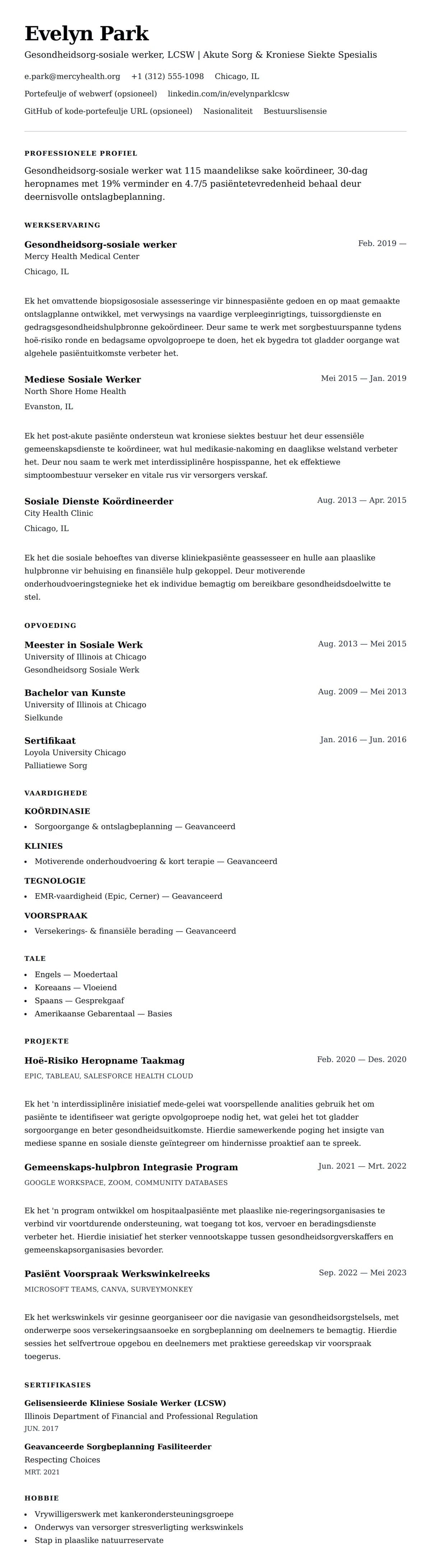 Leweensbeskrywing-vooruitskouk vir Gesondheidsorg-sosiale werker Lewensloopvoorbeeld