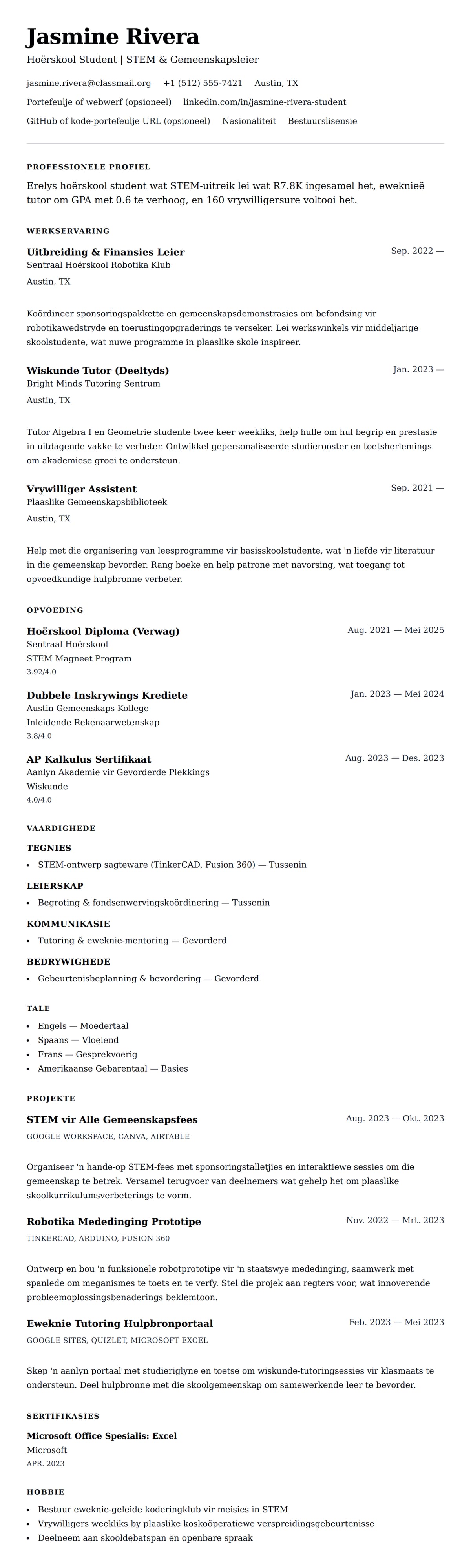 Leweensbeskrywing-vooruitskouk vir Hoërskool Student CV Voorbeeld