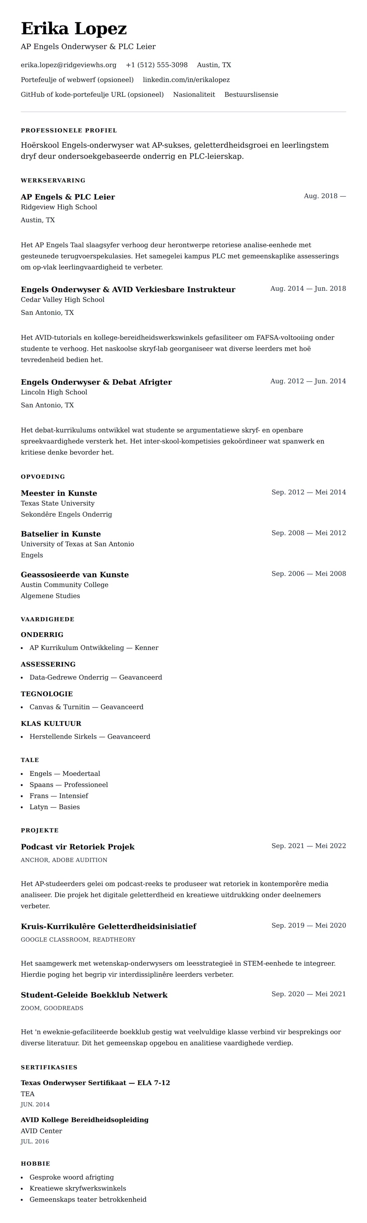 Leweensbeskrywing-vooruitskouk vir Hoërskool Onderwyser Lewensloop Voorbeeld