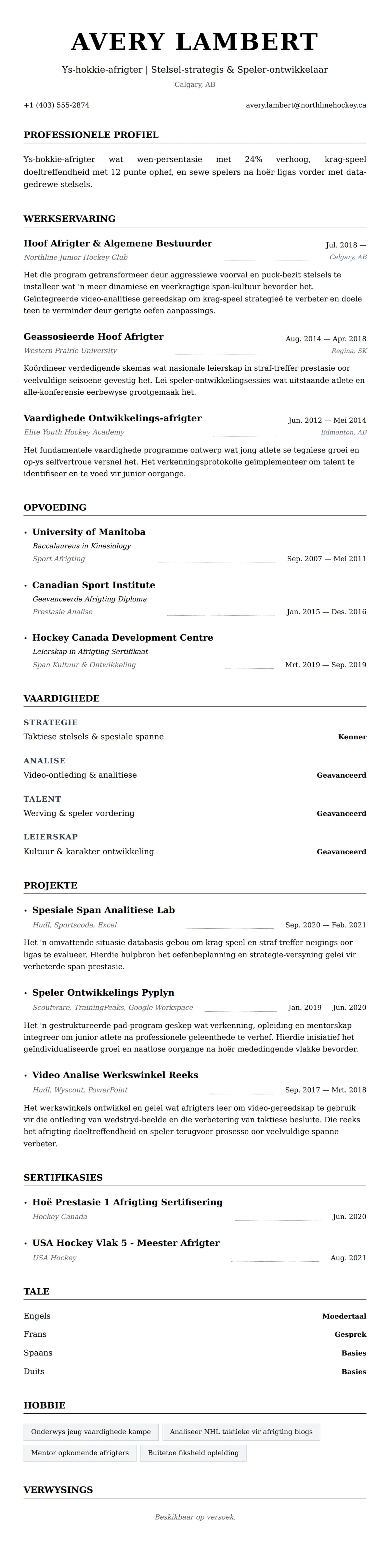 Leweensbeskrywing-vooruitskouk vir Ys-hokkie-afrigter Lewensloop Voorbeeld