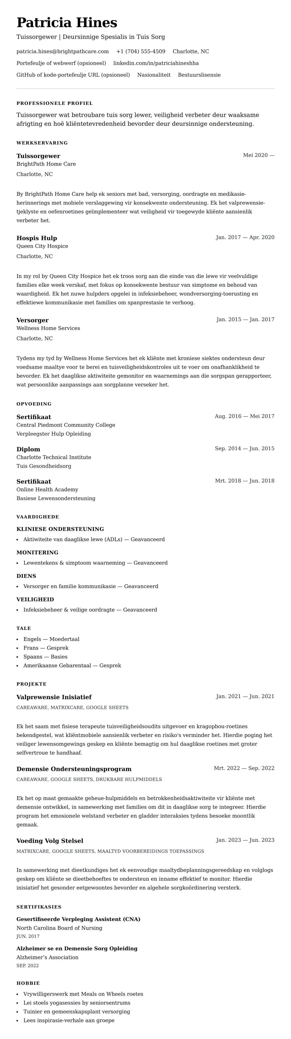 Leweensbeskrywing-vooruitskouk vir Voorbeeld van 'n Tuissorgewer Lewensloop