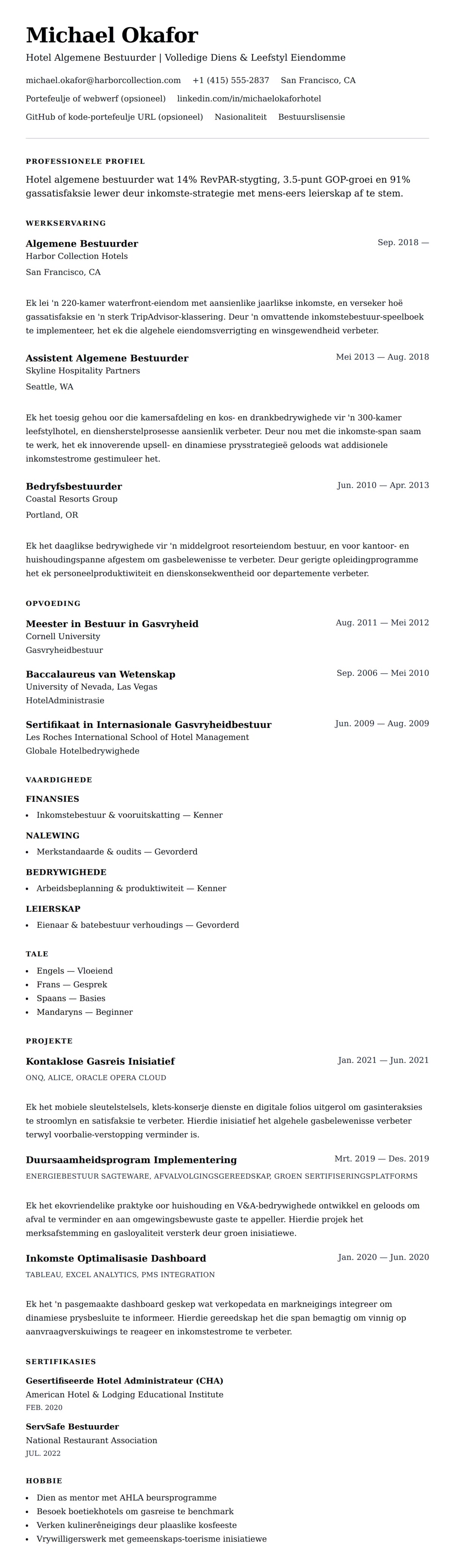 Leweensbeskrywing-vooruitskouk vir Voorbeeld van Hotelbestuur Lewensloop