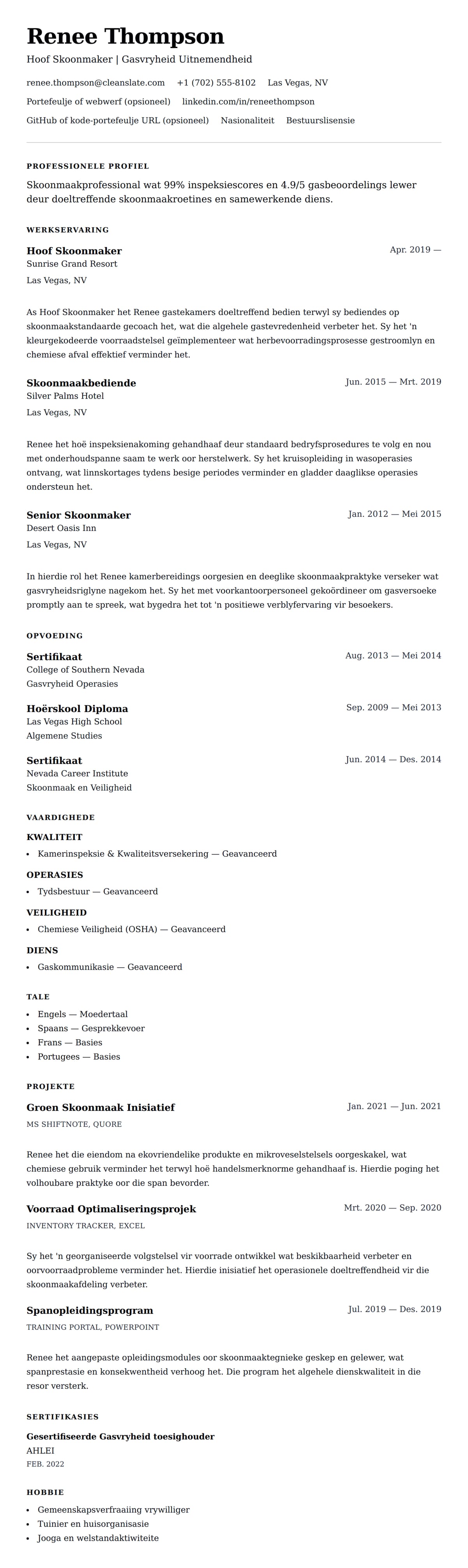 Leweensbeskrywing-vooruitskouk vir Skoonmaak Lewensloop Voorbeeld