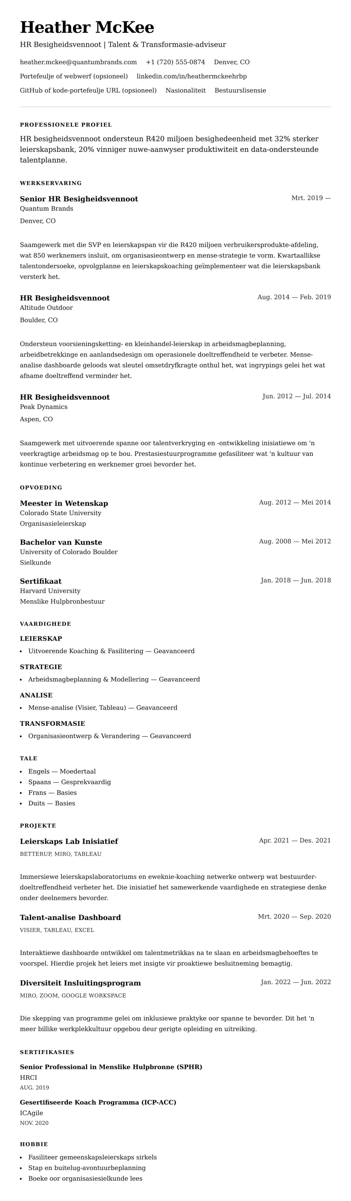 Leweensbeskrywing-vooruitskouk vir HR Besigheidsvennoot Lewensloopvoorbeeld
