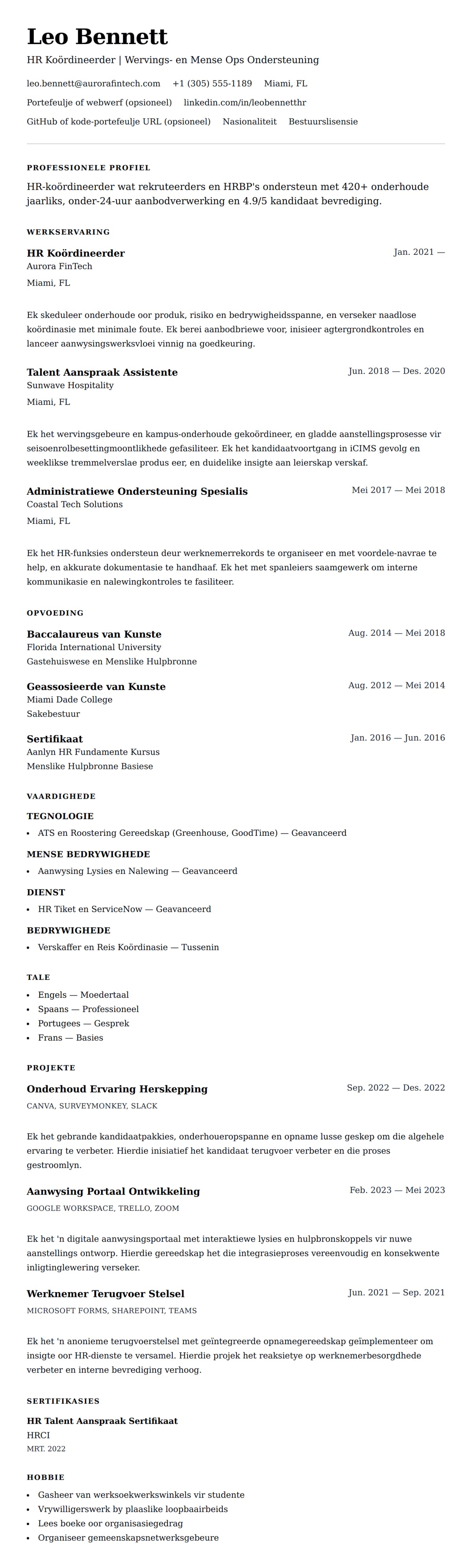 Leweensbeskrywing-vooruitskouk vir HR Koördineerder CV Voorbeeld