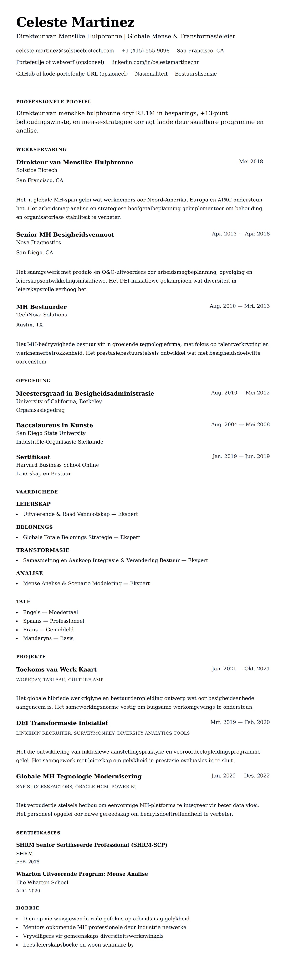 Leweensbeskrywing-vooruitskouk vir Voorbeeld van Direkteur van Menslike Hulpbronne Lewensloop