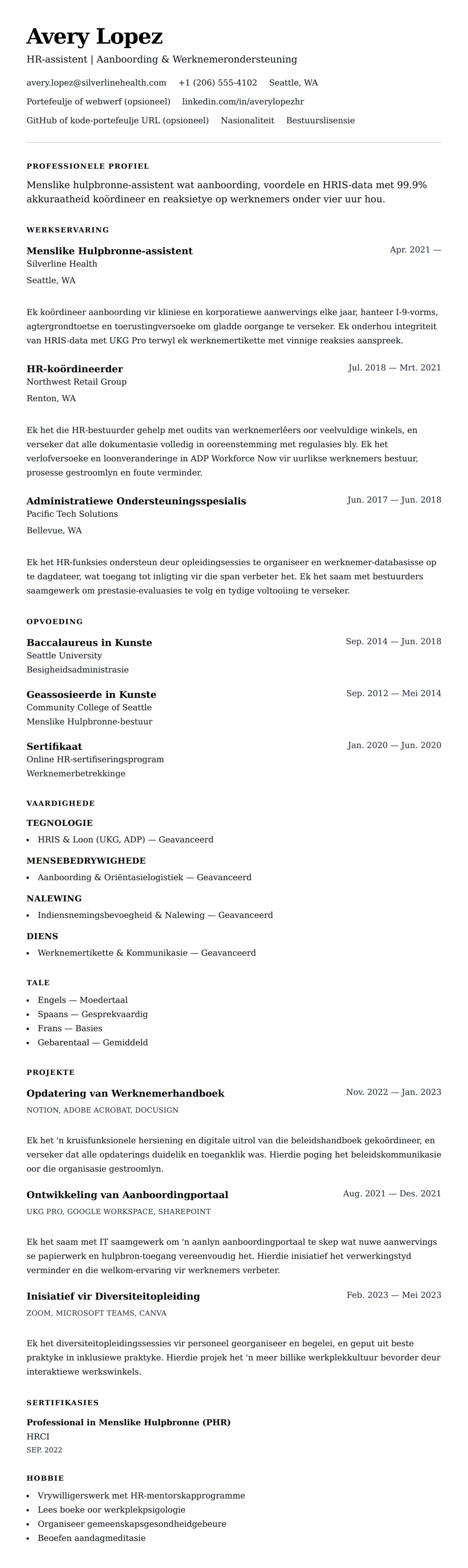 Leweensbeskrywing-vooruitskouk vir Voorbeeld van Lewensloop vir Menslike Hulpbronne-assistent