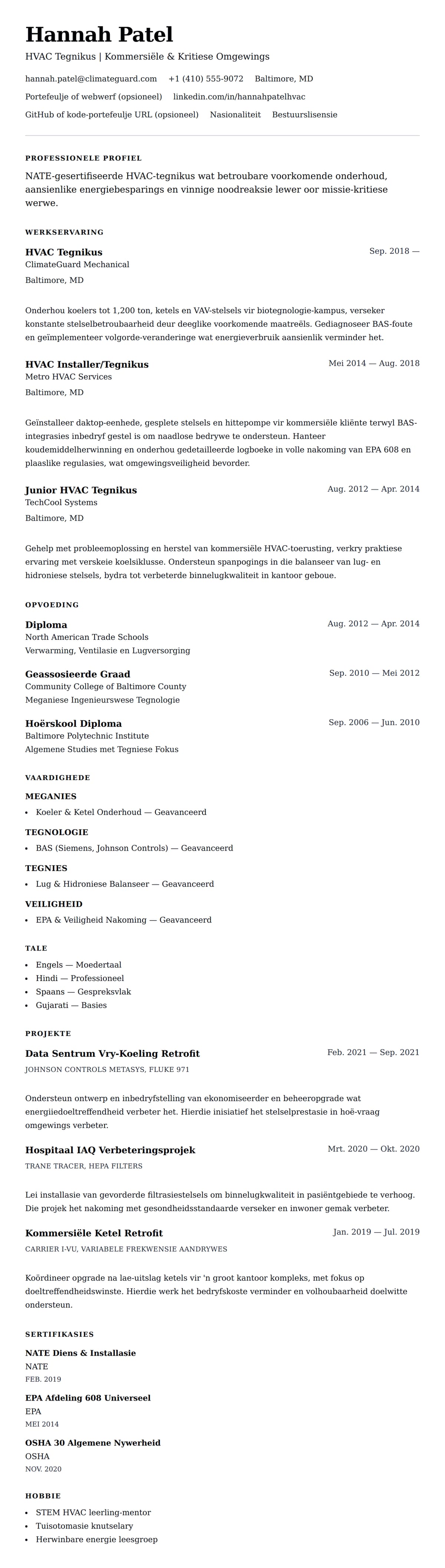 Leweensbeskrywing-vooruitskouk vir HVAC Tegnikus Lewensloop Voorbeeld