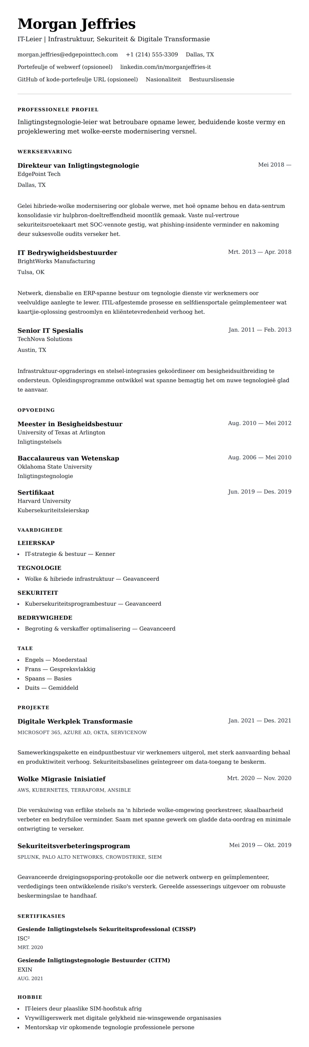 Leweensbeskrywing-vooruitskouk vir Inligtingstegnologie Professional Lewensloop Voorbeeld