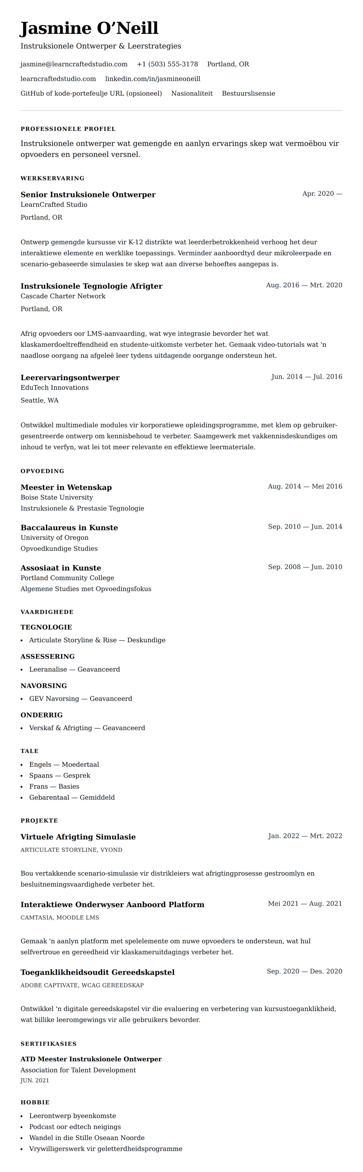 Leweensbeskrywing-vooruitskouk vir Instruksionele Ontwerper CV Voorbeeld