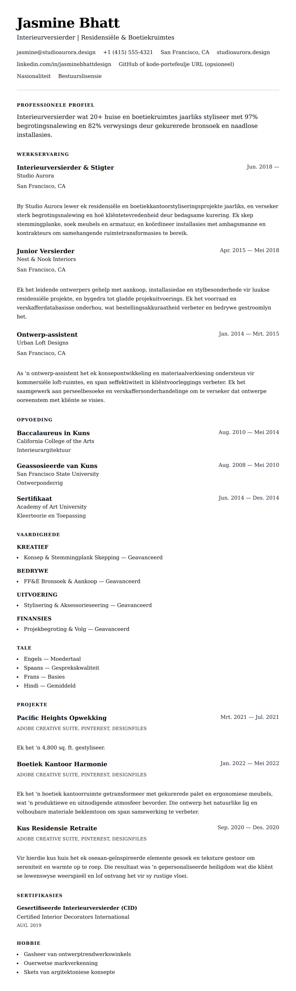 Leweensbeskrywing-vooruitskouk vir Interieurversierder CV Voorbeeld