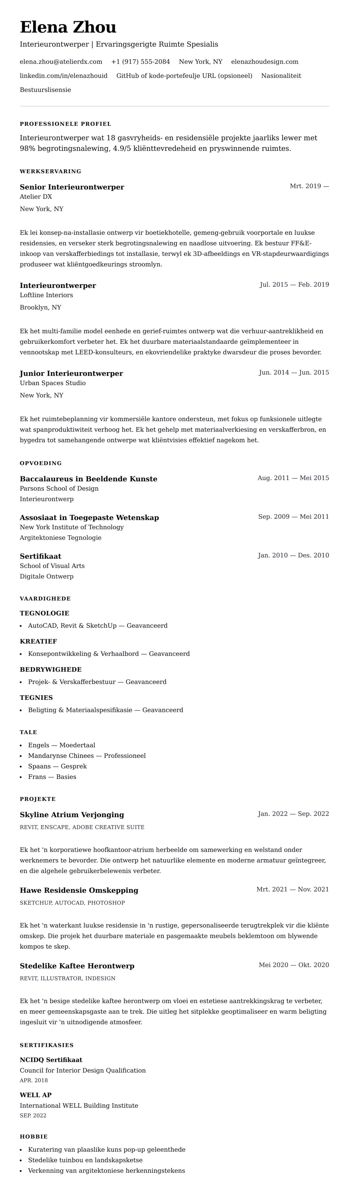Leweensbeskrywing-vooruitskouk vir Voorbeeld van Interieurontwerper se Lewewerksaamdrif