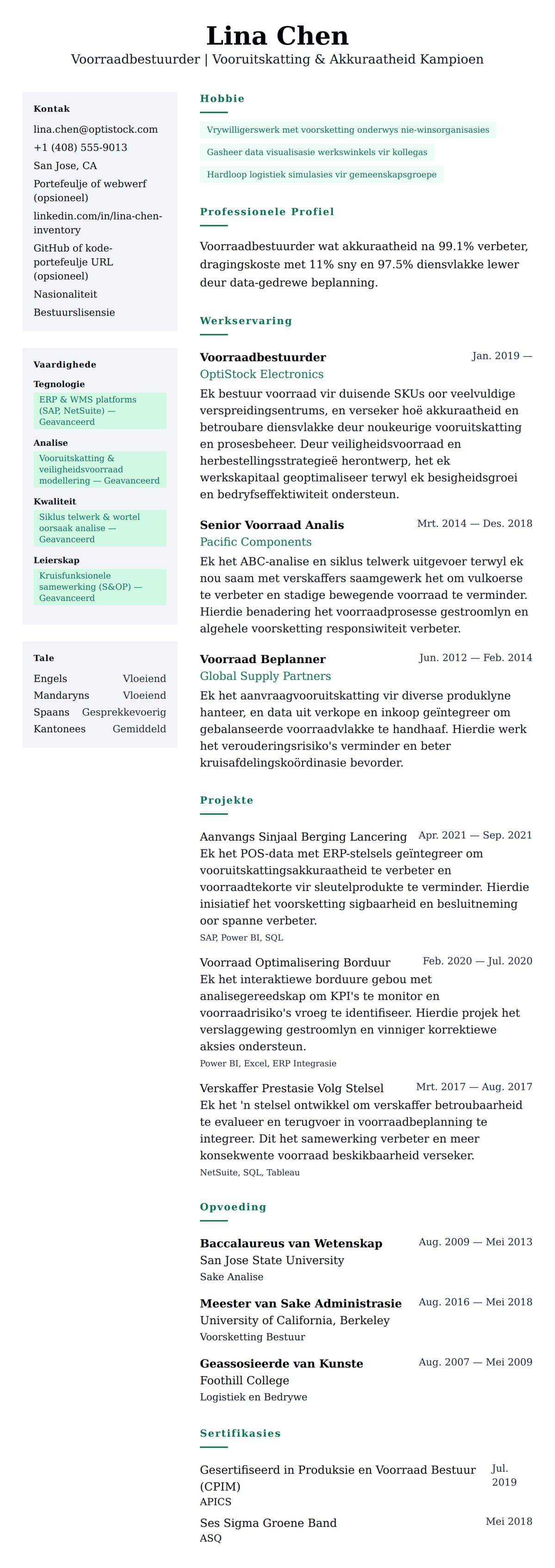 Leweensbeskrywing-vooruitskouk vir Voorraadbestuurder Lewensloop Voorbeeld