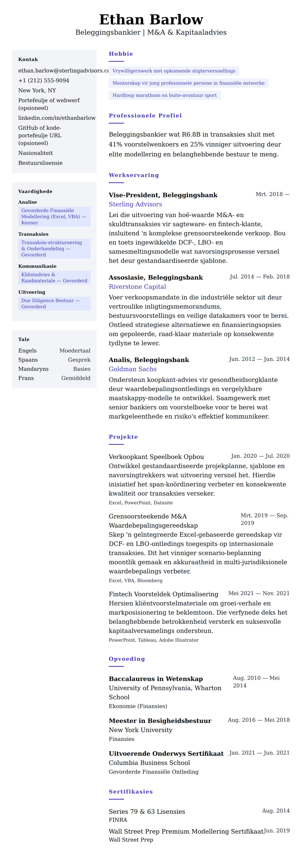 Leweensbeskrywing-vooruitskouk vir Beleggingsbankier Lewensloop Voorbeeld