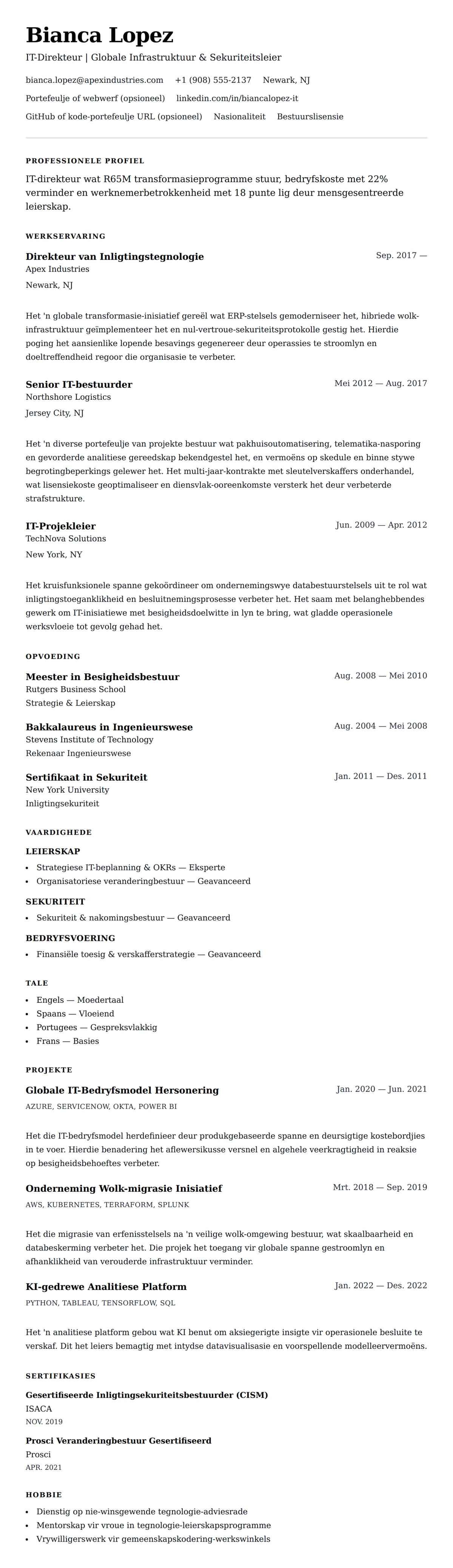 Leweensbeskrywing-vooruitskouk vir IT-Direkteur Lewensloopvoorbeeld