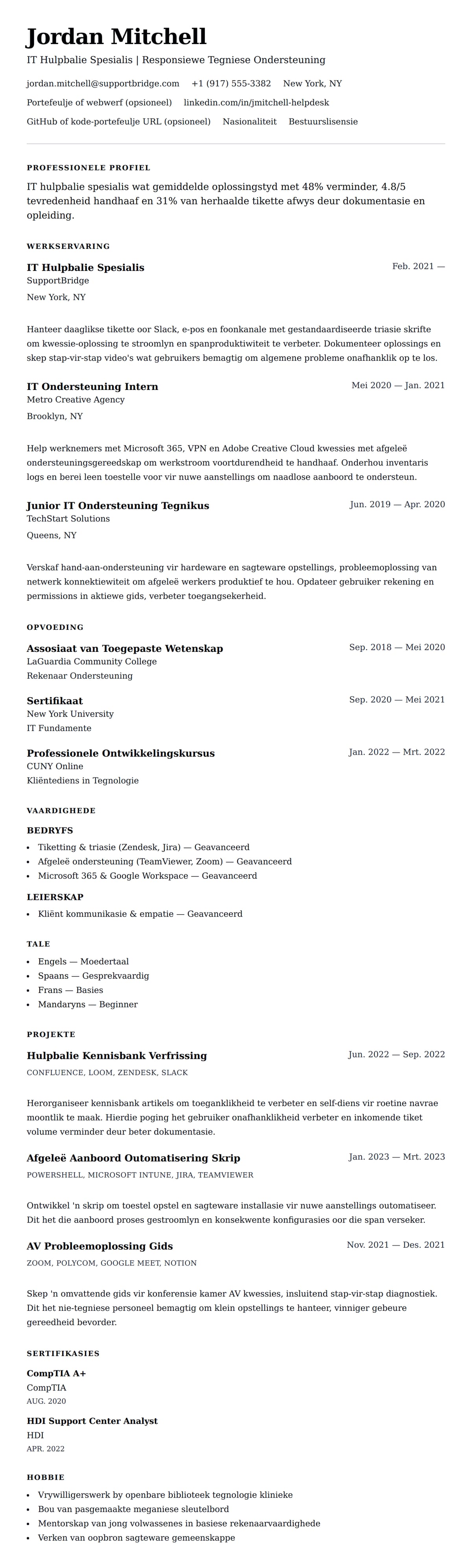 Leweensbeskrywing-vooruitskouk vir IT Hulpbalie Lewensloop Voorbeeld