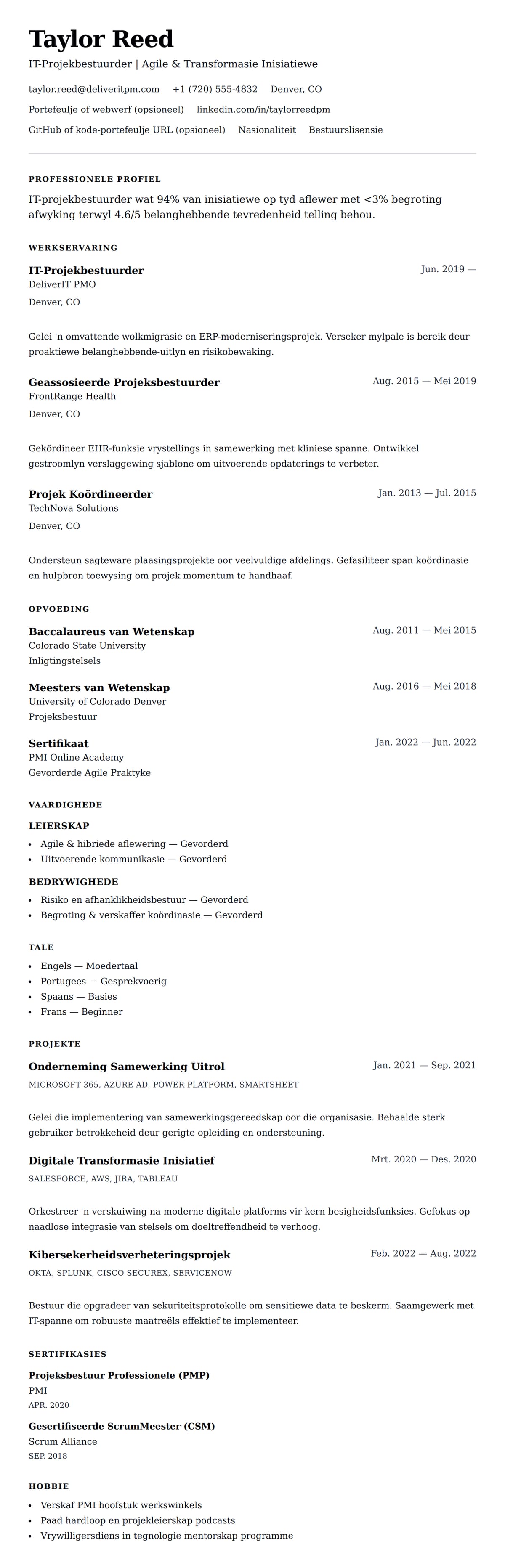 Leweensbeskrywing-vooruitskouk vir IT-Projekbestuurder Lewensloop Voorbeeld