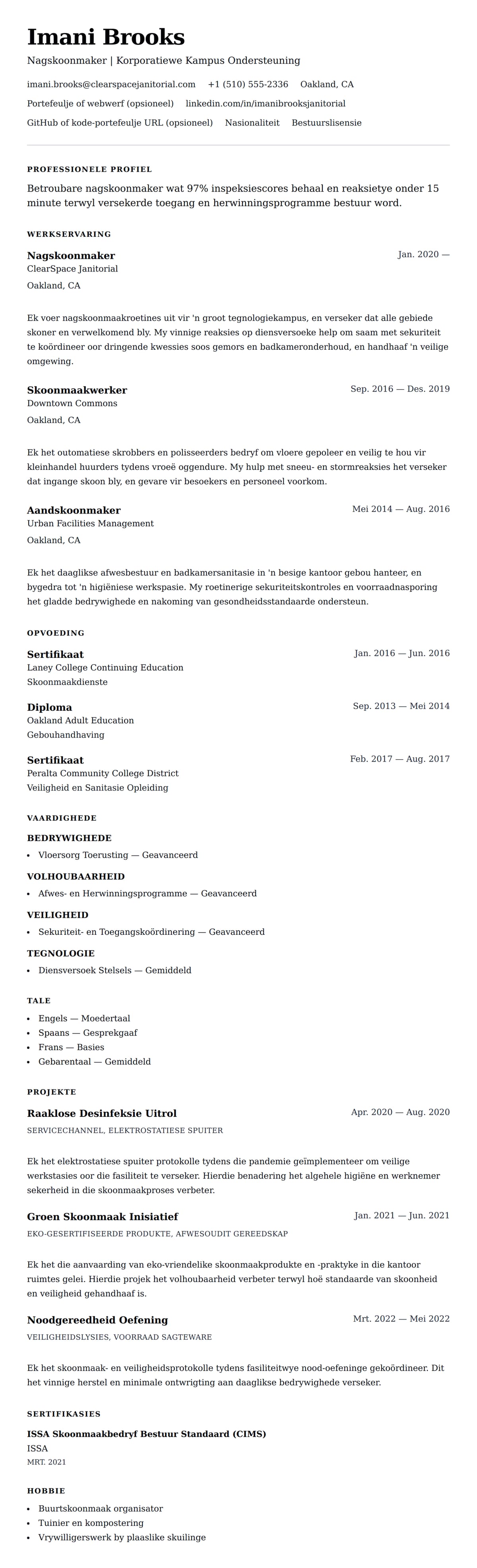Leweensbeskrywing-vooruitskouk vir Skoonmaker Leweenskrif Voorbeeld