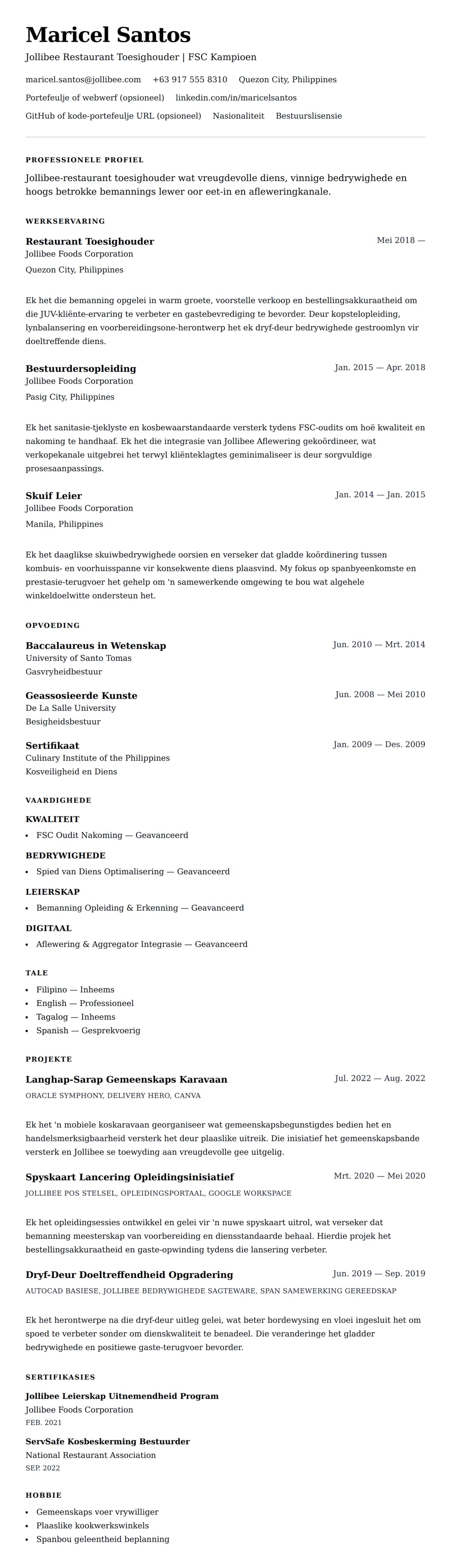 Leweensbeskrywing-vooruitskouk vir Jollibee Restaurant Toesighouder Lêer Voorbeeld