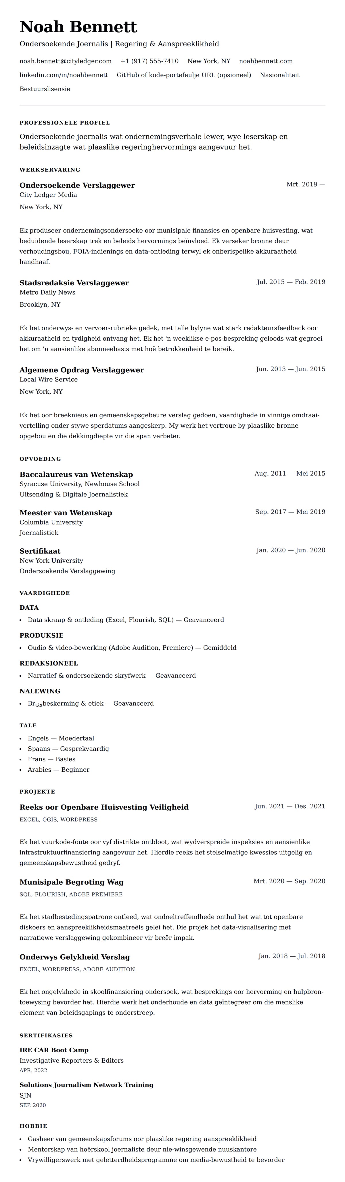 Leweensbeskrywing-vooruitskouk vir Joernalis Leweensbeskrywing Voorbeeld