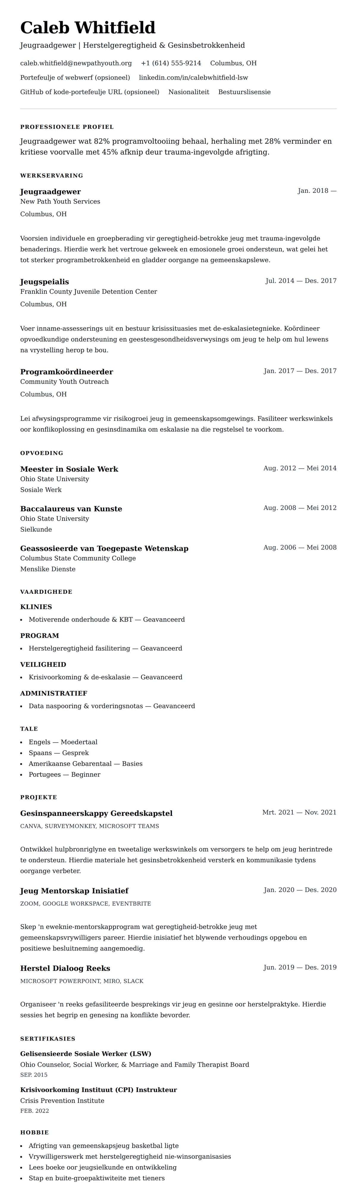 Leweensbeskrywing-vooruitskouk vir Jeugraadgewer Leefyd Voorbeeld