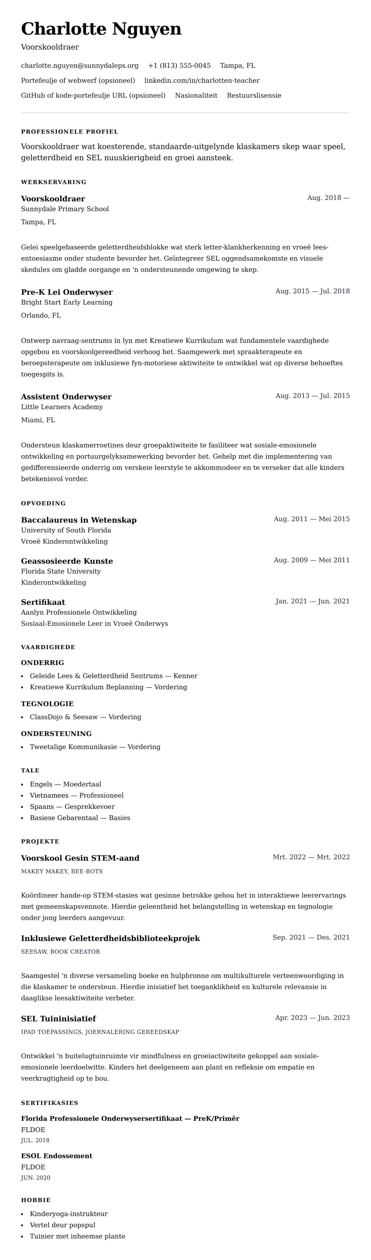 Leweensbeskrywing-vooruitskouk vir Voorskooldraer Lewensloop Voorbeeld