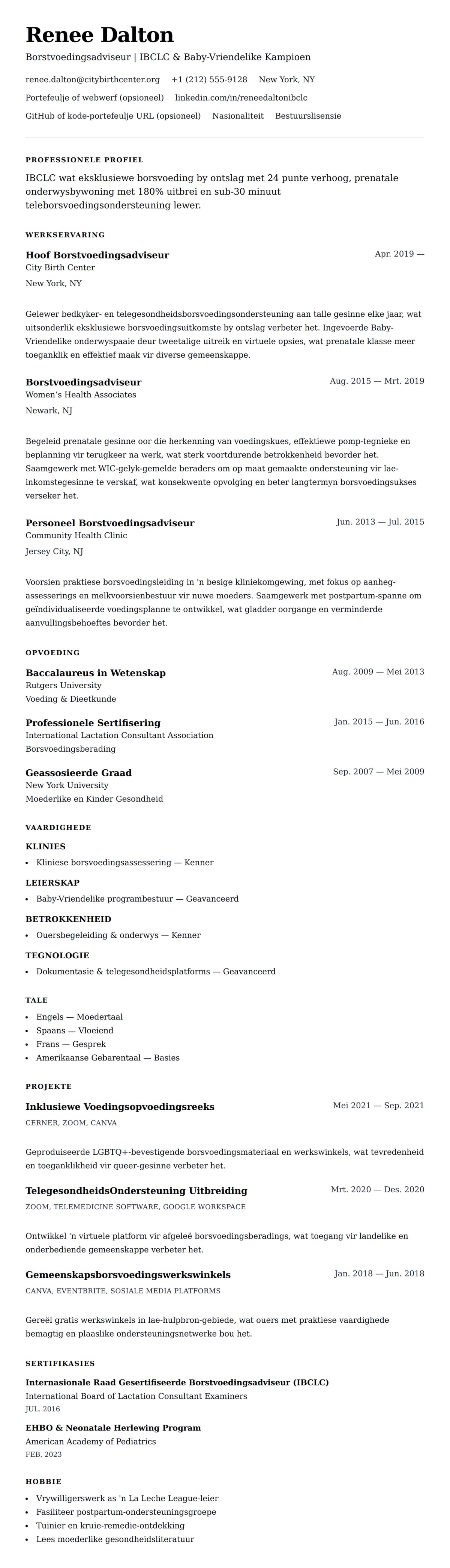 Leweensbeskrywing-vooruitskouk vir Borstvoedingsadviseur Lewensloop Voorbeeld