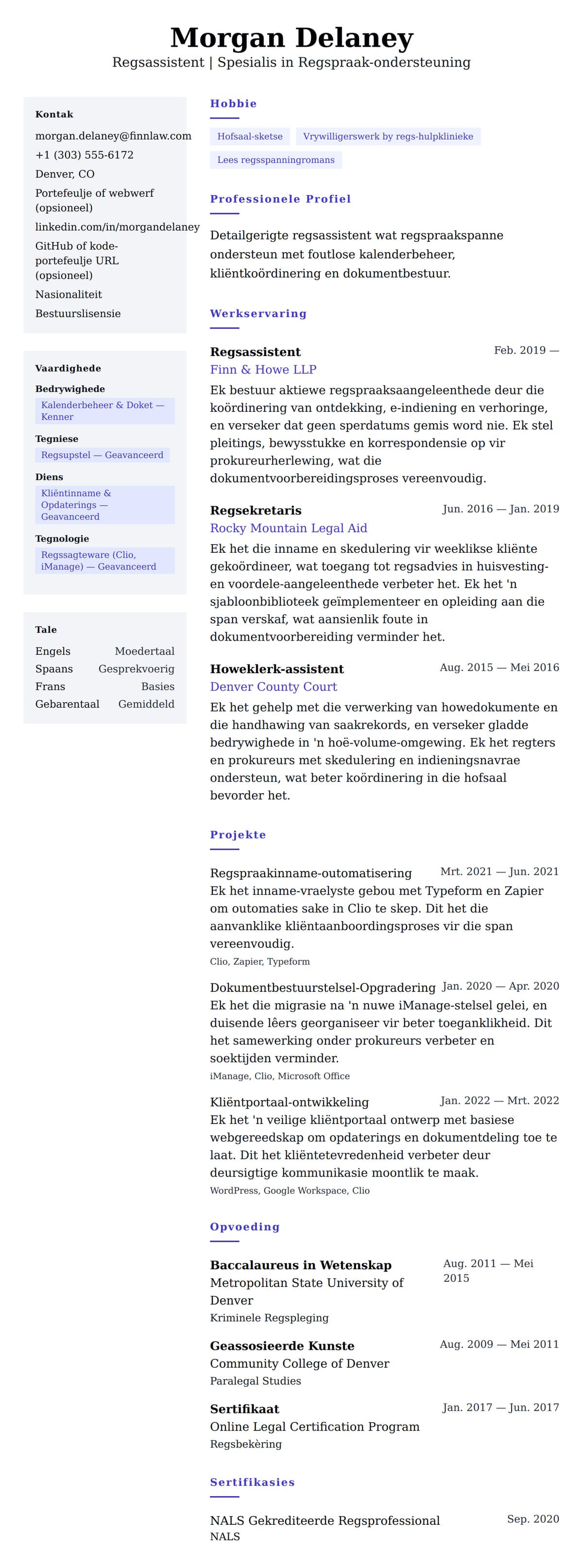 Leweensbeskrywing-vooruitskouk vir CV-Voorbeeld vir Regsassistent