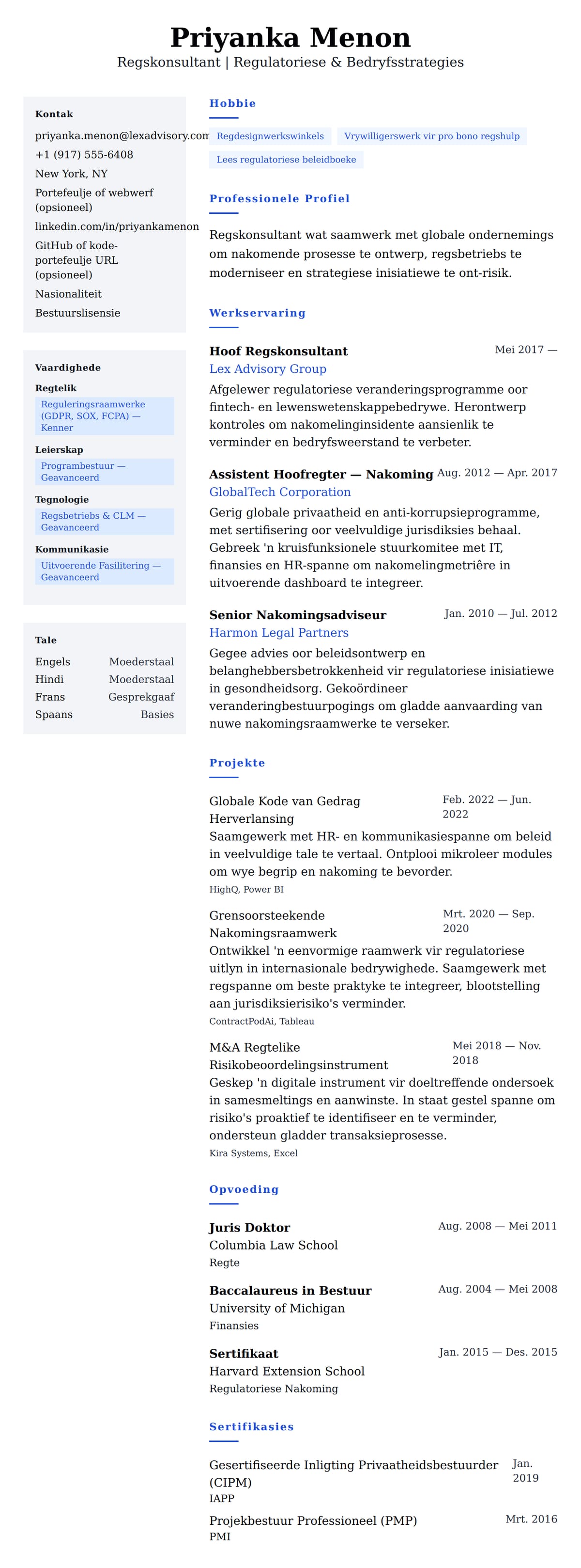Leweensbeskrywing-vooruitskouk vir Regskonsultant Lewensloopvoorbeeld