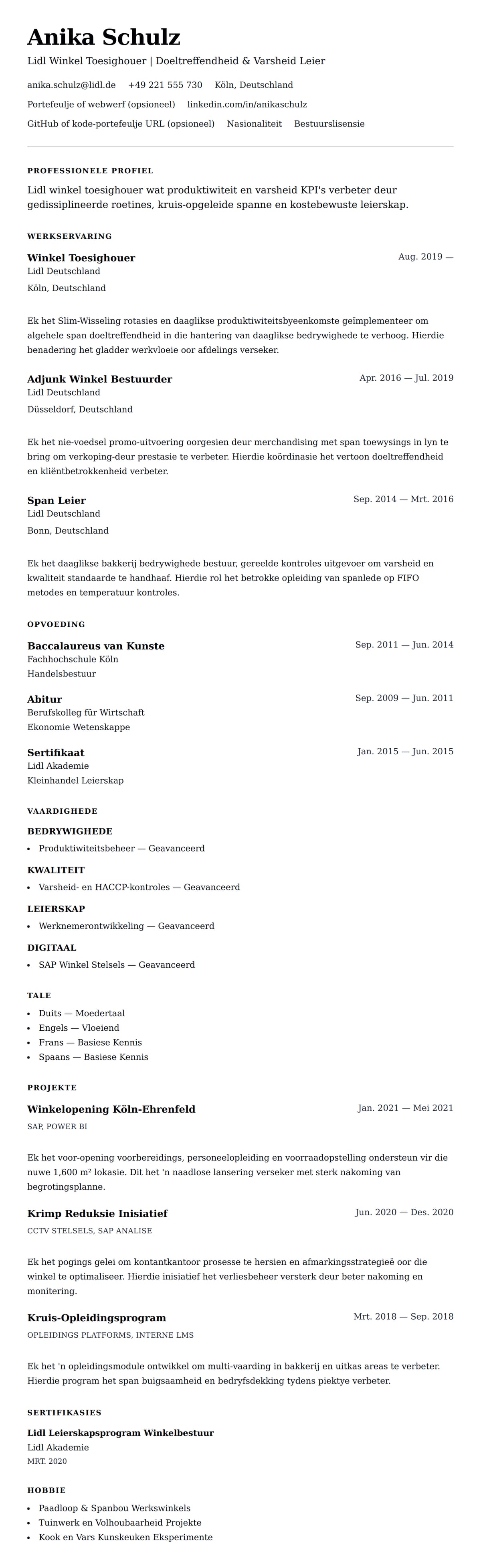 Leweensbeskrywing-vooruitskouk vir Lidl Winkel Toesighouer Leweenskrif Voorbeeld