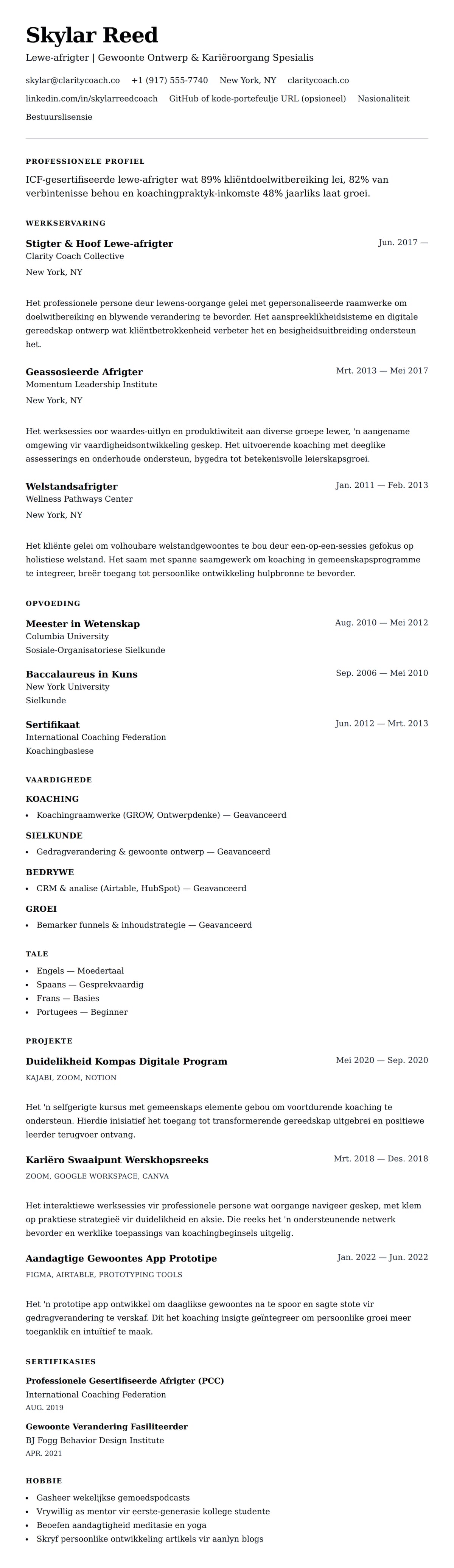 Leweensbeskrywing-vooruitskouk vir Lewe-afrigter Lewensbeskrywing Voorbeeld