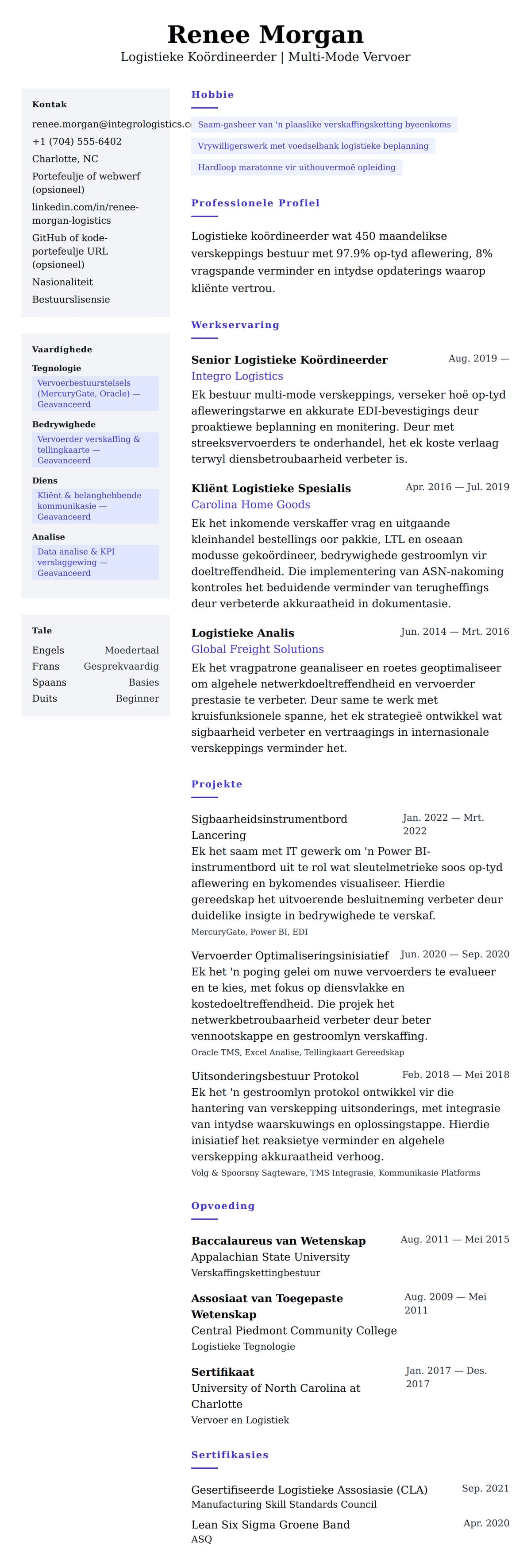 Leweensbeskrywing-vooruitskouk vir Lewensloop Voorbeeld vir Logistieke Koördineerder
