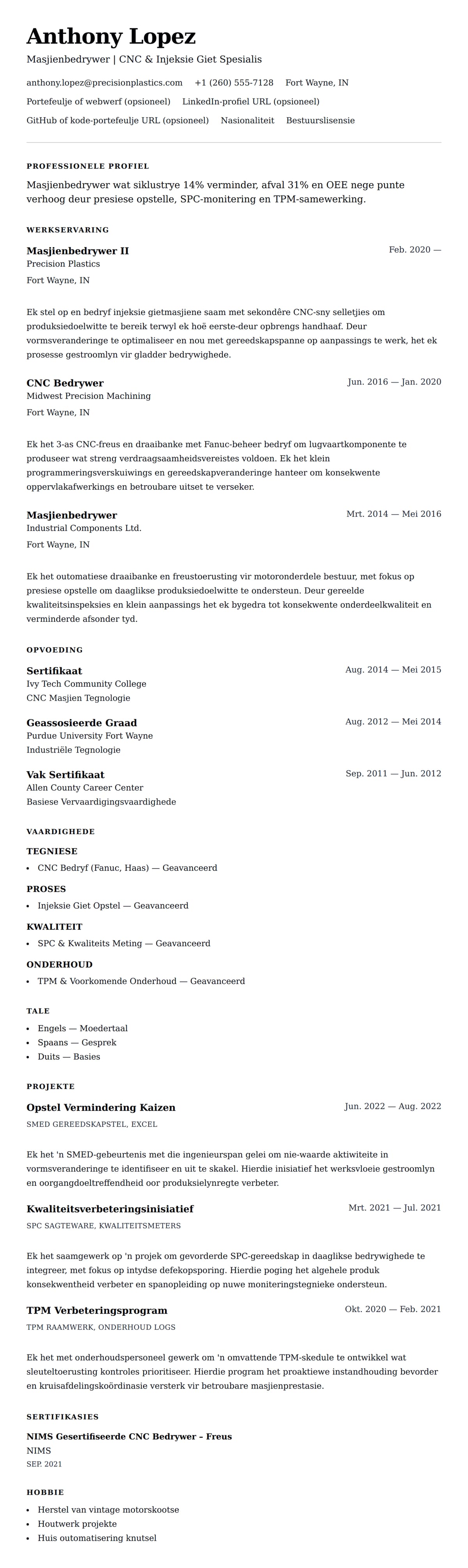 Leweensbeskrywing-vooruitskouk vir Masjienbedrywer Lewensloop Voorbeeld