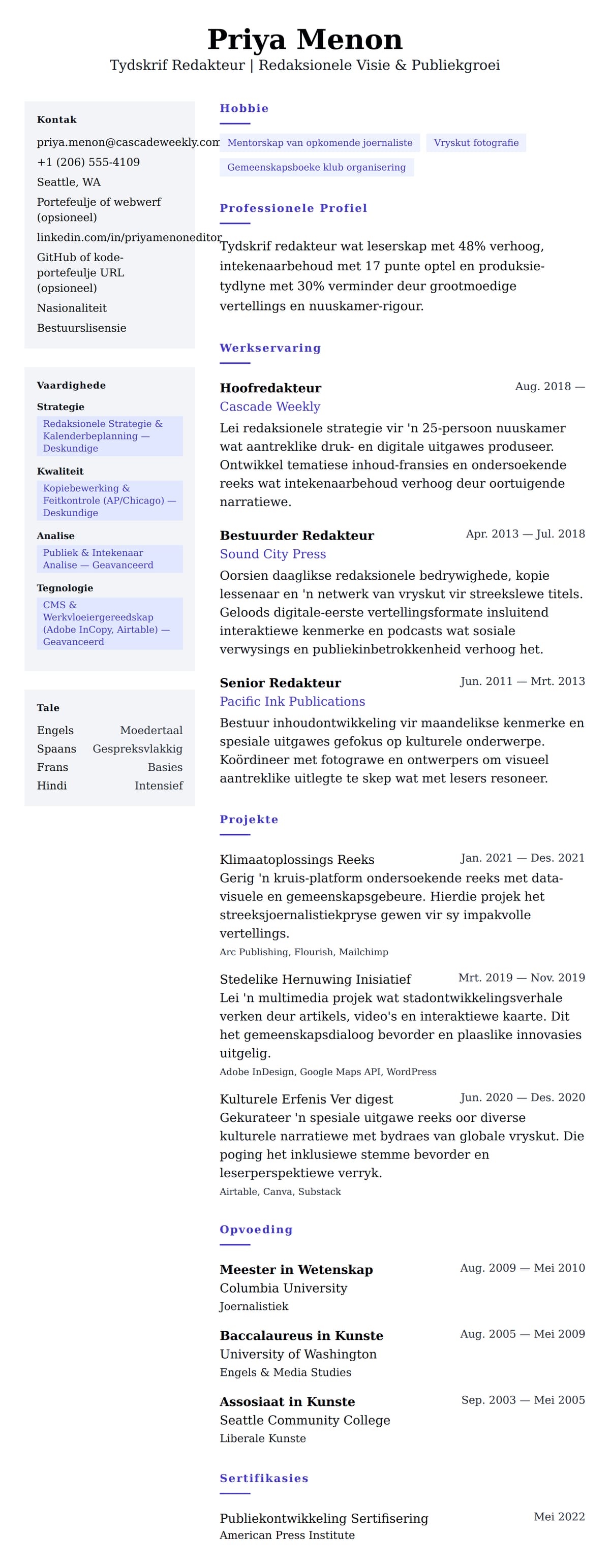 Leweensbeskrywing-vooruitskouk vir Tydskrif Redakteur Lewensloop Voorbeeld