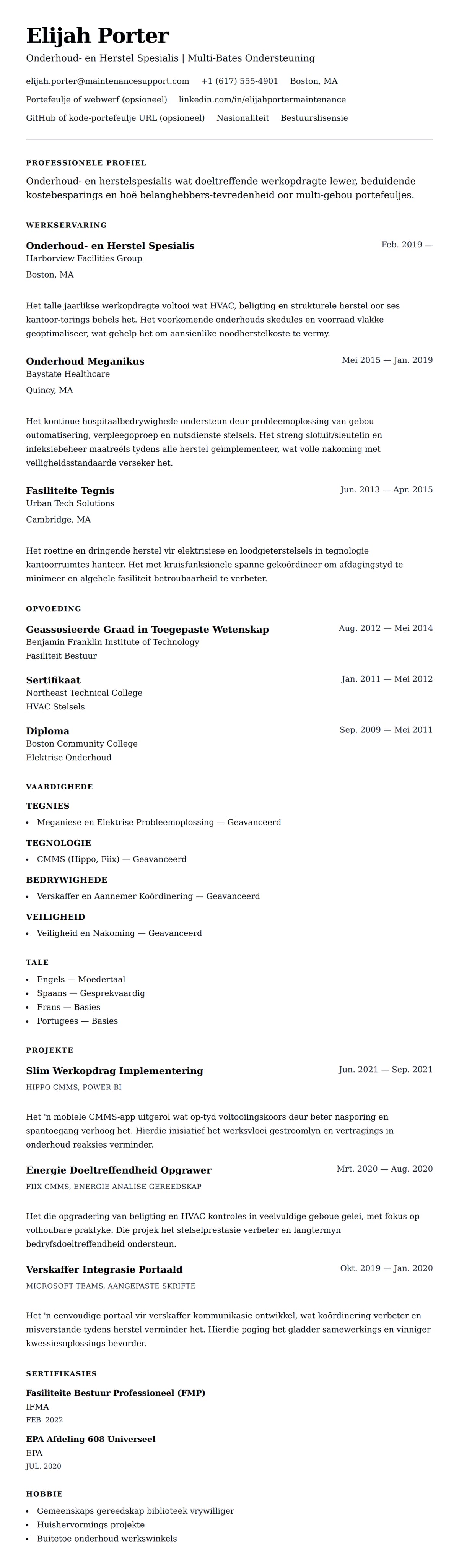 Leweensbeskrywing-vooruitskouk vir Onderhoud en Herstel Lewensloop Voorbeeld