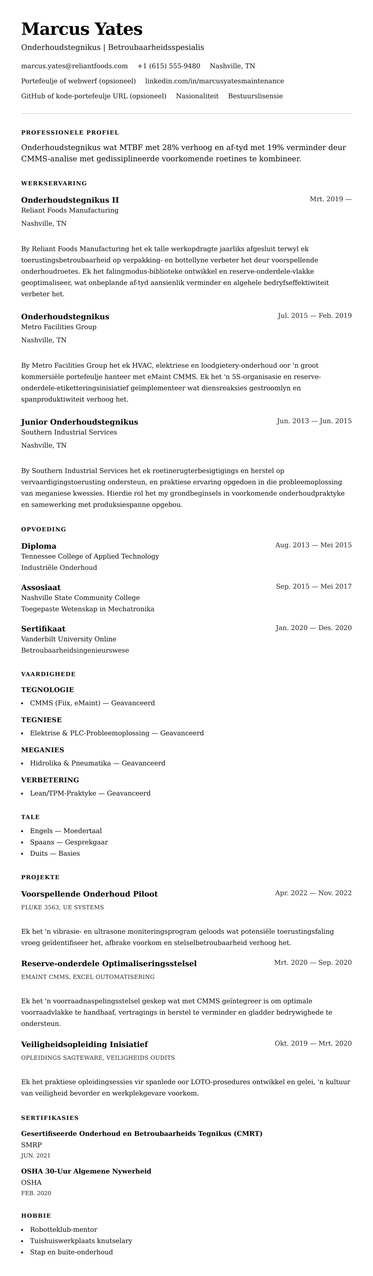 Leweensbeskrywing-vooruitskouk vir Onderhoudstegnikus Lewensloop Voorbeeld