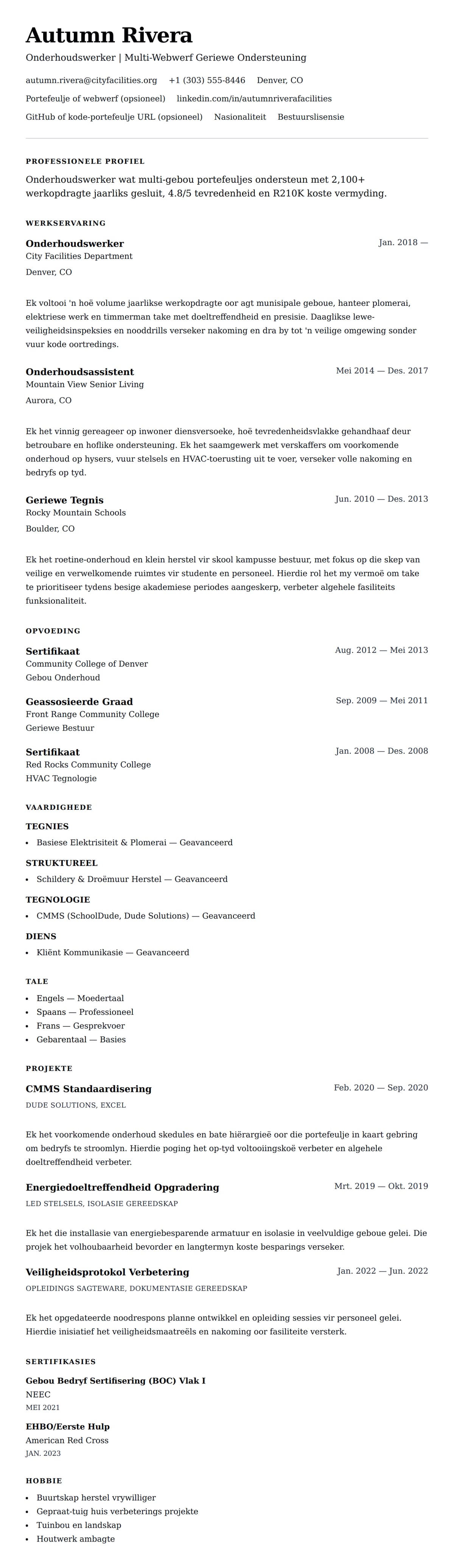 Leweensbeskrywing-vooruitskouk vir Onderhoudswerker Lewensloop Voorbeeld