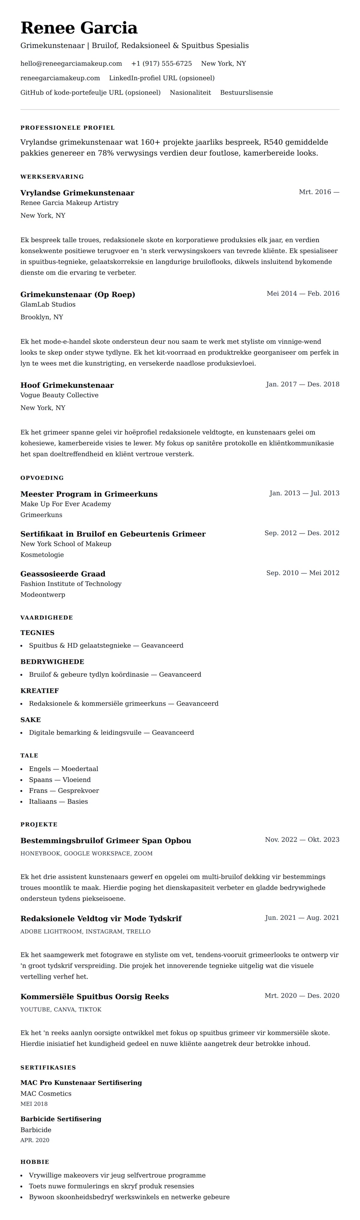 Grimekunstenaar Lewensloop Voorbeeld