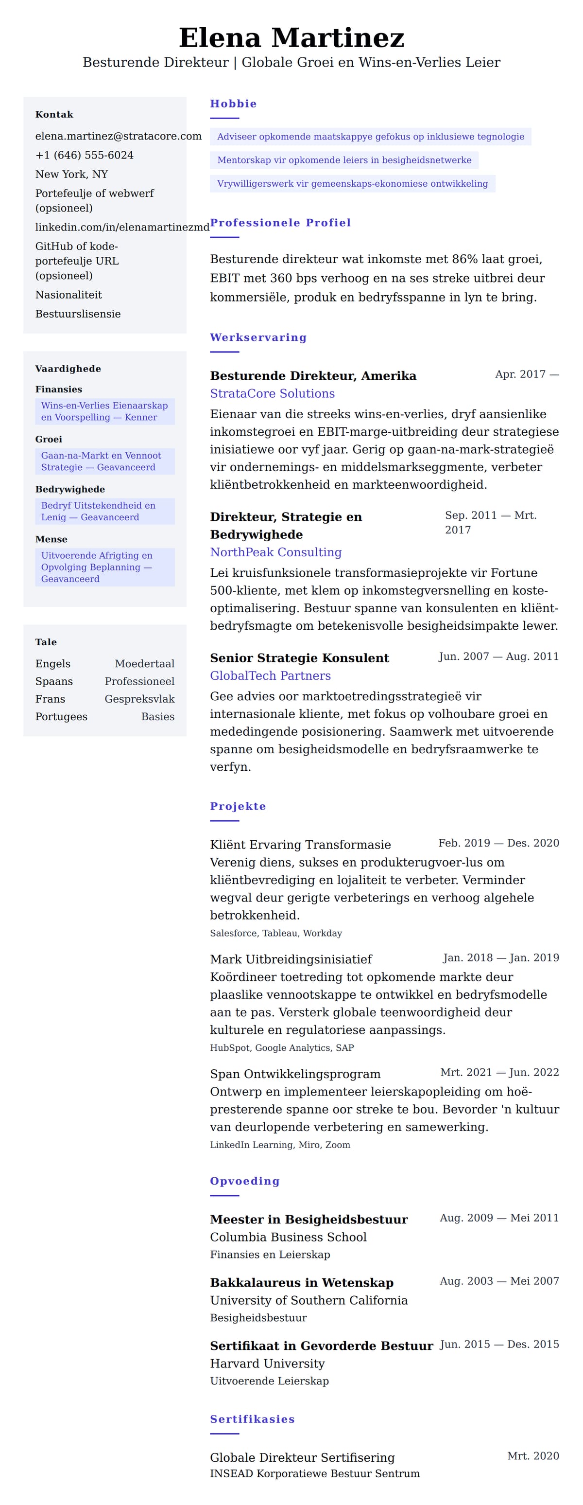 Leweensbeskrywing-vooruitskouk vir Besturende Direkteur Leweensbeskrywing Voorbeeld