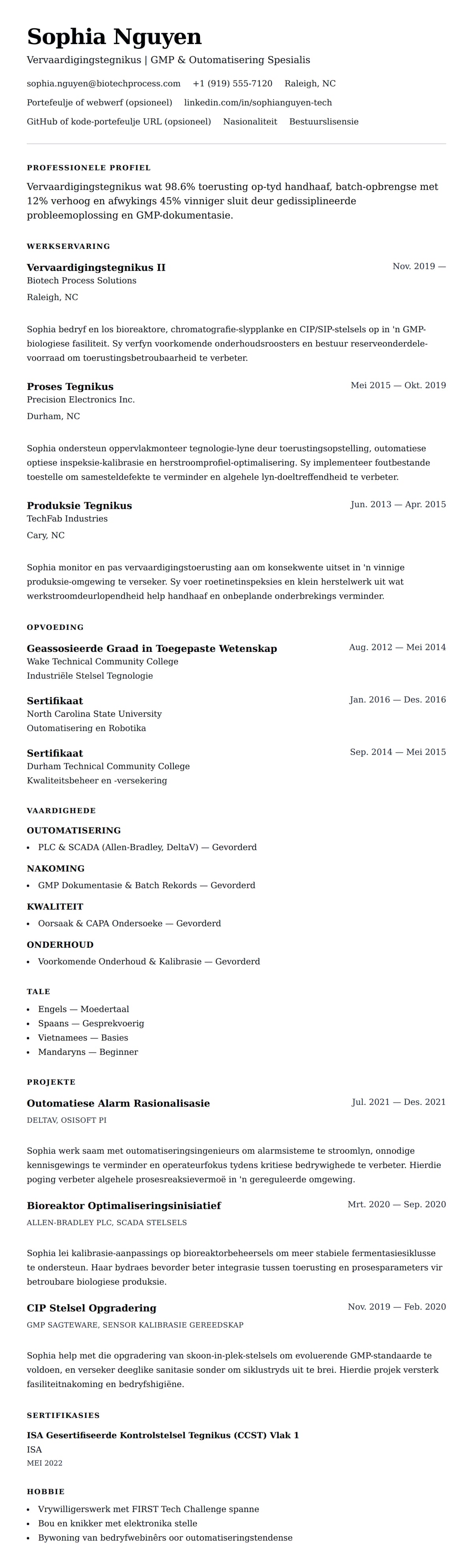 Leweensbeskrywing-vooruitskouk vir Vervaardigingstegnikus Lewensloopvoorbeeld