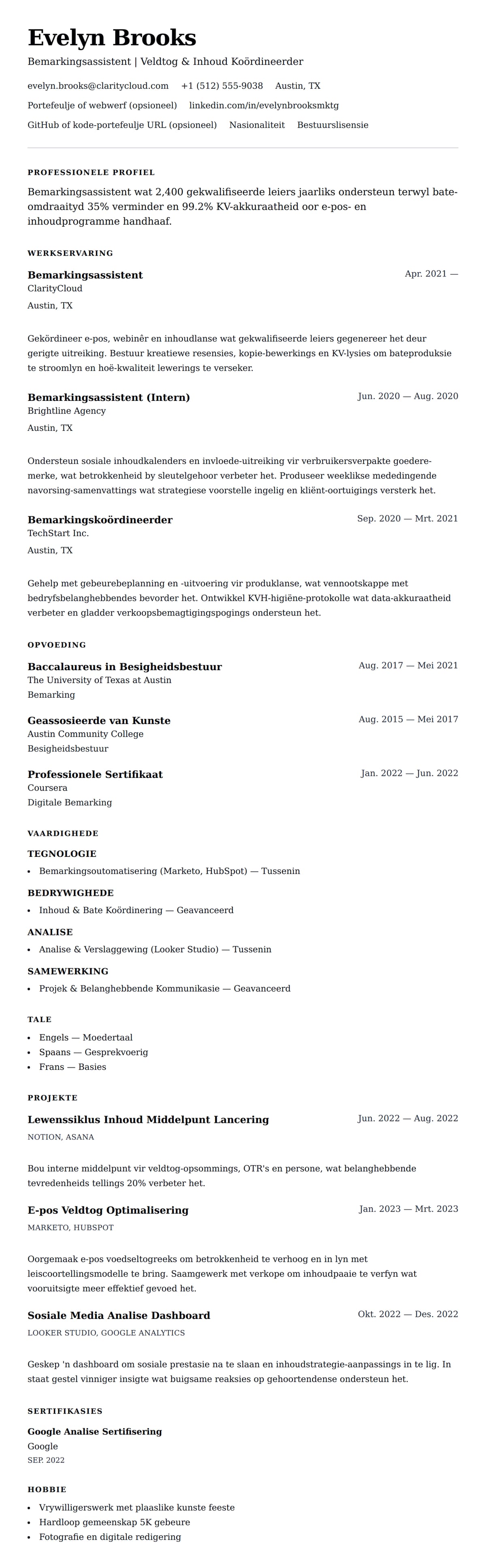 Leweensbeskrywing-vooruitskouk vir Bemarkingsassistent Lewensloop Voorbeeld