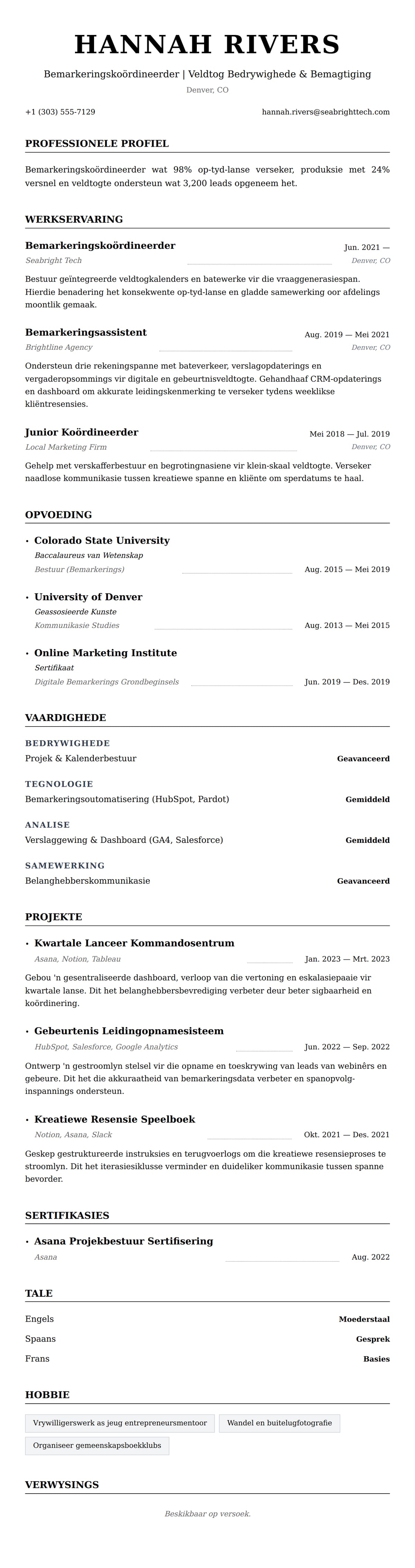 Leweensbeskrywing-vooruitskouk vir Bemarkeringskoördineerder CV-voorbeeld