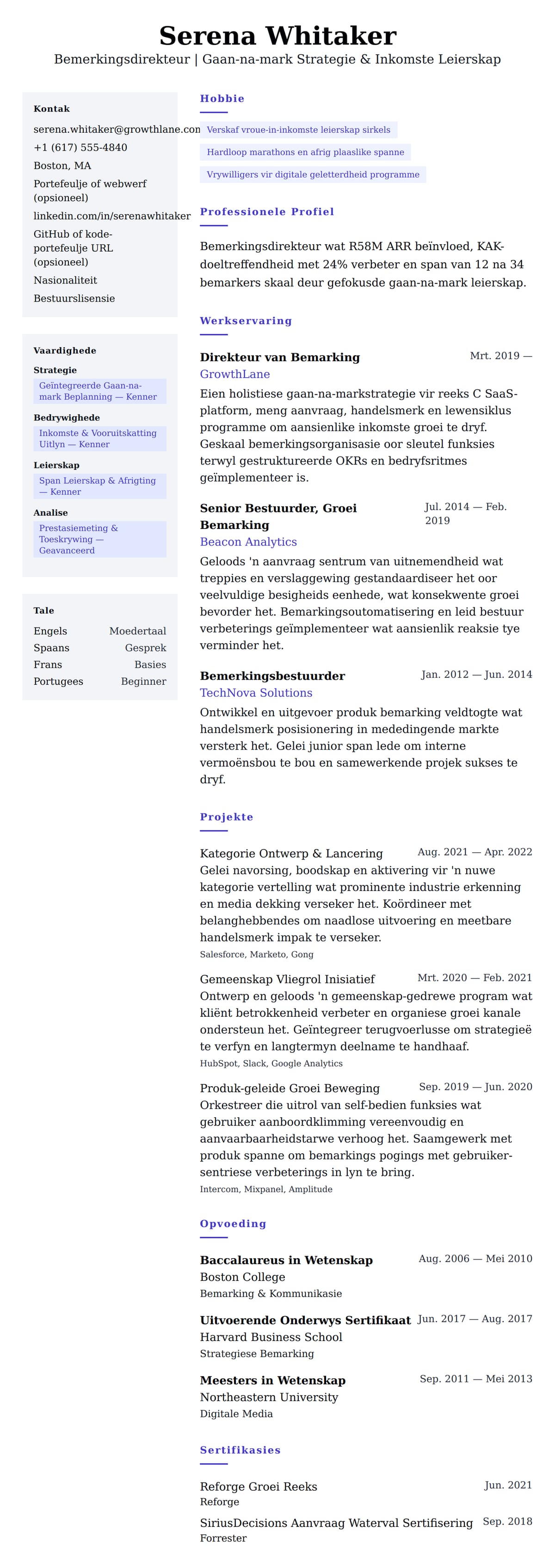 Leweensbeskrywing-vooruitskouk vir Bemerkingsdirekteur Lewensloop Voorbeeld