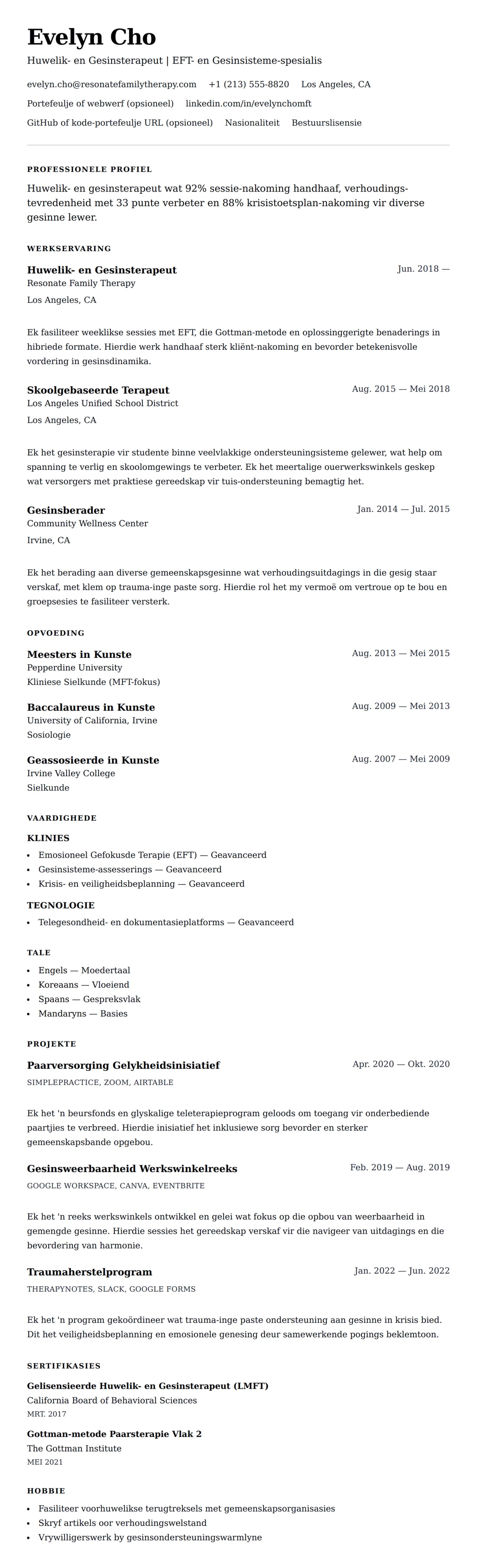 Leweensbeskrywing-vooruitskouk vir Huwelik- en Gesinsterapeut Leweensbeskrywing Voorbeeld